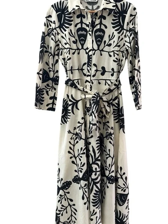 ZARA Black and White Floral Shirt Dress - Picture 3 of 6